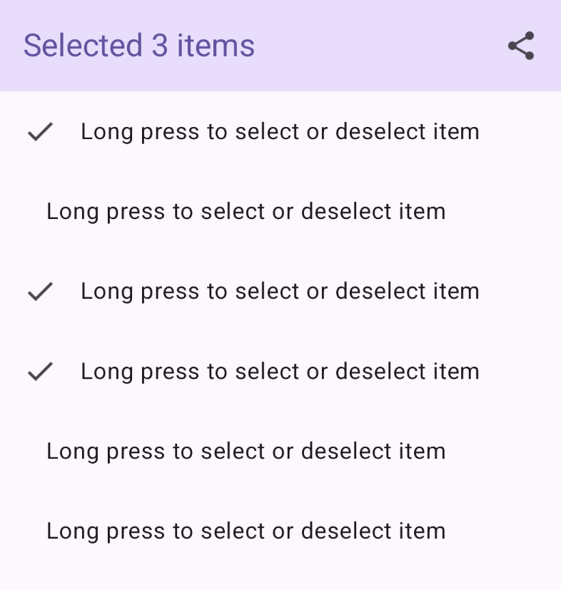 A dynamic top app bar displays the text Selected 3 items, followed by a share icon. Below, a list shows several items, with checkmarks next to the three that are selected