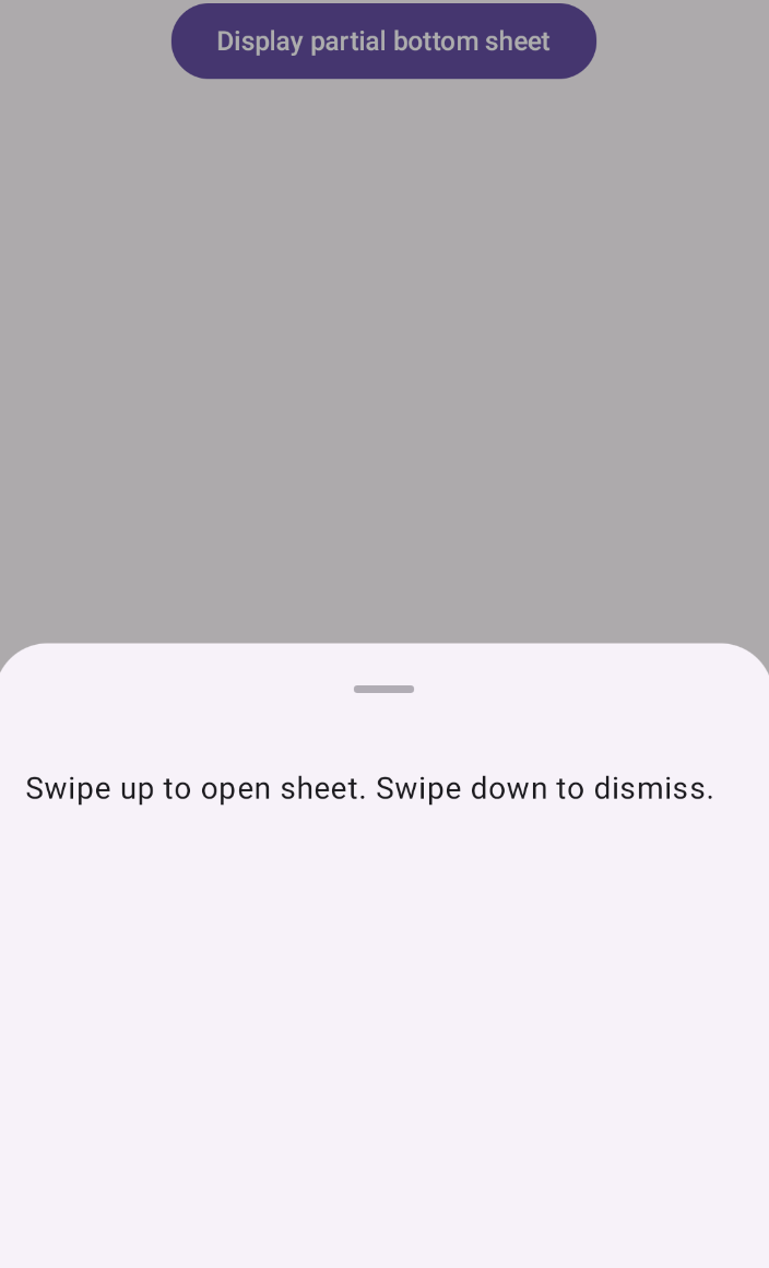 A bottom sheet that initially only fills part of the screen. The user can swipe to fill the screen with it, or dismiss it