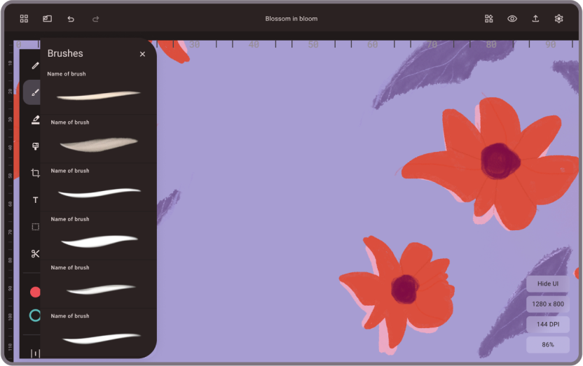 An image showing a drawing app. Brushes are open showing shapes that can be drawn with the stylus.