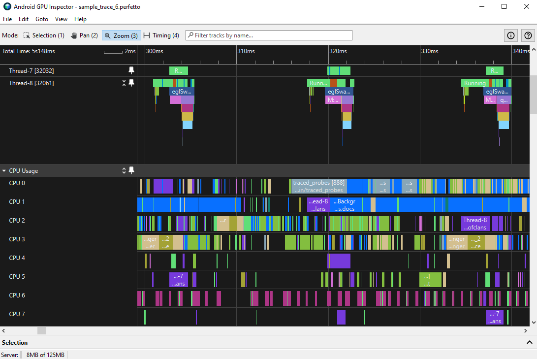 Game with main (Thread-7) and render thread (Thread-8) that switch between cores, shown in purple