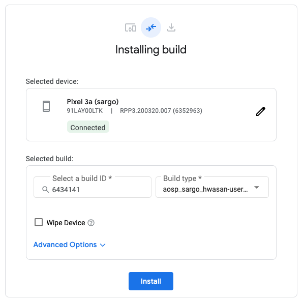 Confirm flash options and flash the device