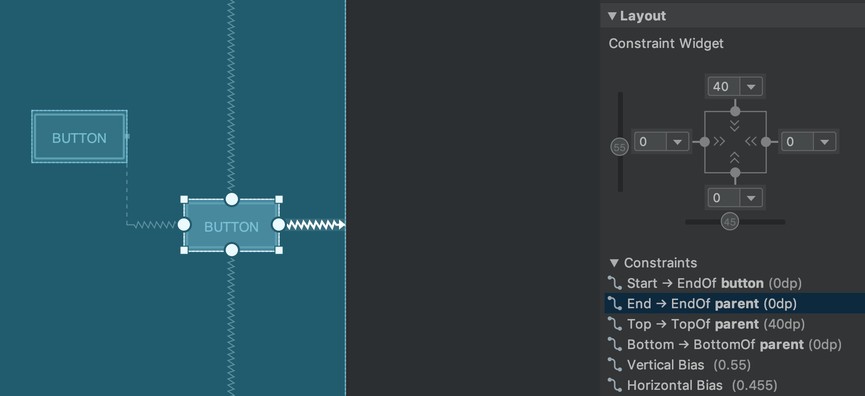 Constraint relationships for a selected UI element.