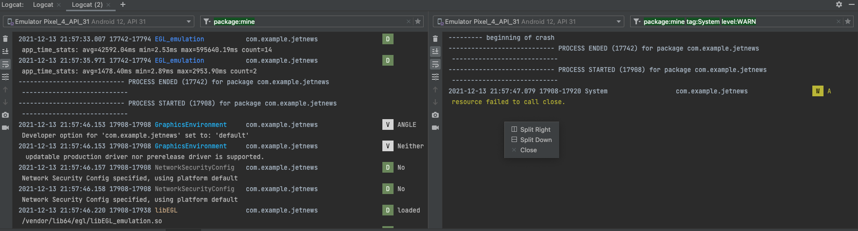 Create multiple logcat windows using splits