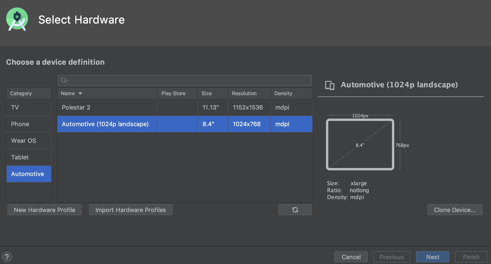 Selecting an Android Automotive virtual device.