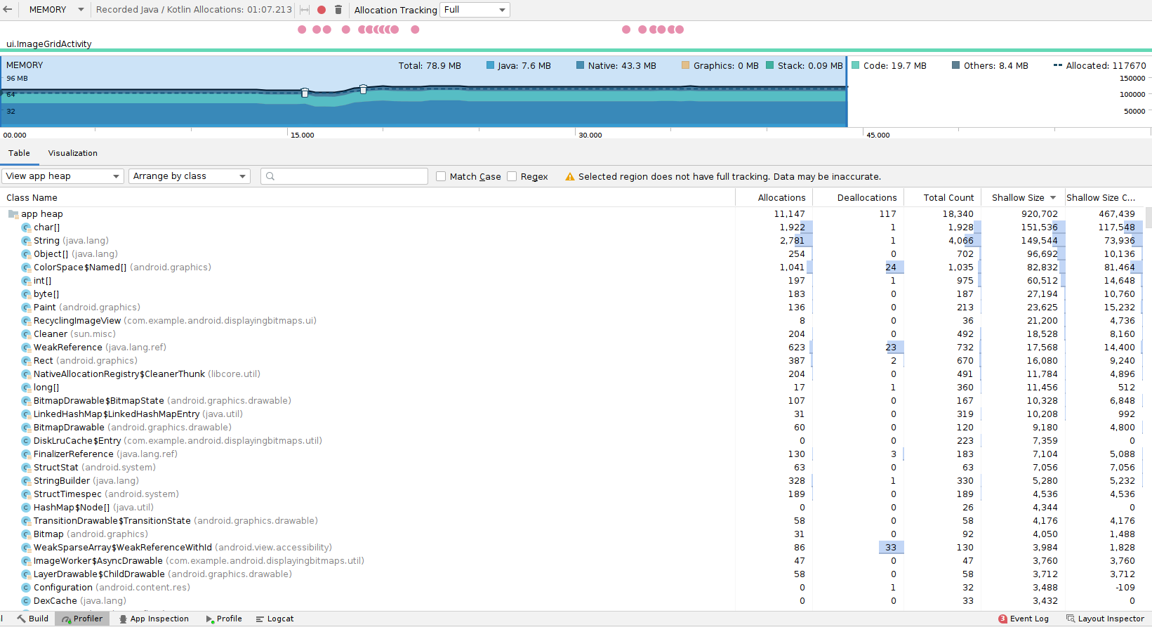 Memory allocations displayed in the Memory Profiler